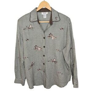 Teddi Womens Medium Houndstooth Embroidered Bird Rabbit Button Down Shirt Blouse
